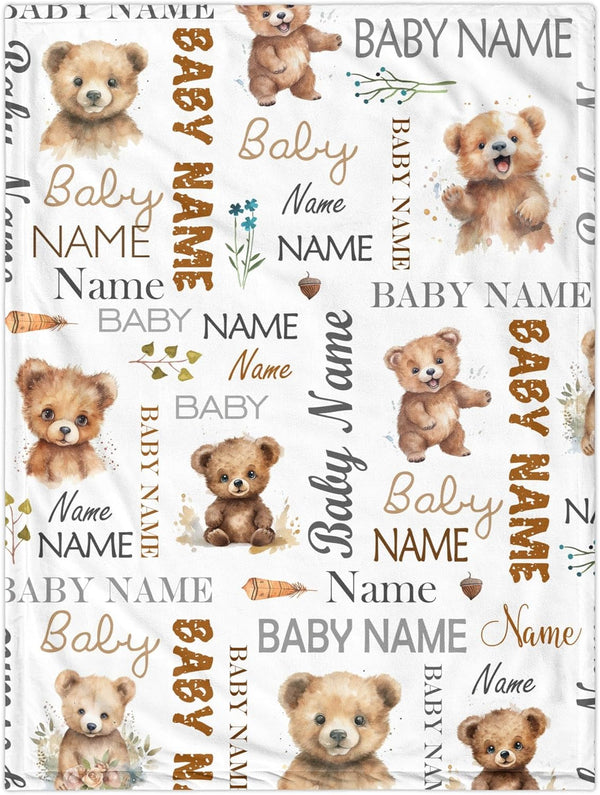 Novusopt Personalized Floral Bear Baby Blanket with Custom Name for Girls, Receiving Blanket