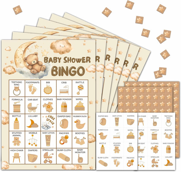 Bear Baby Shower Bingo Party Game Cards - Moon and Stars Themed for 24 Players - Pregnancy Announcement Decorations