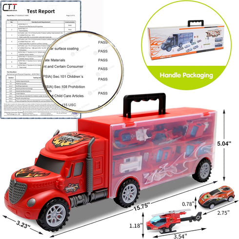 JODUDLR 3-4 Set 12-in-1 3-7,Red Toddler Toys for Year Old Boys,Large Transport Cars Carrier Truck Toys with Vehicles