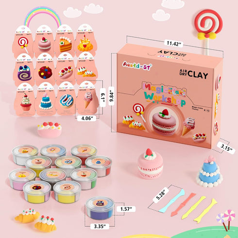 12 Air Dry Clay Kit - Cake Themed, Modeling Clay for Kids, Dessert DIY Model Magic Clay with Tools and Tutorials, Boxes