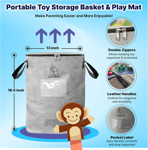 Lambdano 9.3 60" Portable Toy Storage Basket & Play Mat with Pocket Label - Gallon Toy Organizer - Leather Handles