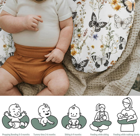 Summer Boho Floral Butterflies Nursing Pillow Covers for Boy Girl Vintage Wildflowers Leaves Nursery Feeding Pillowcase