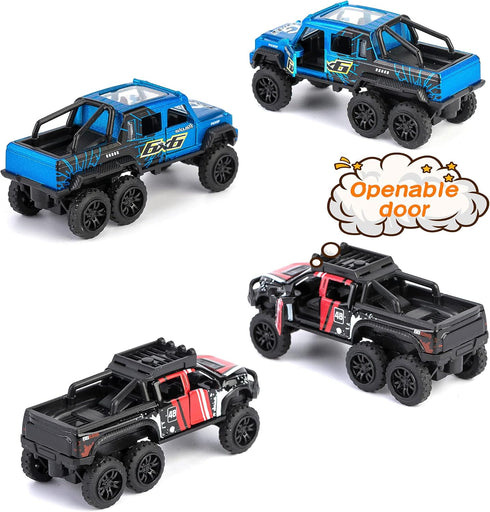 Diecast Toy Trucks 4 Pack, Pull Back Toy Cars with Openable Doors for Boys and Toddlers (Colorful)