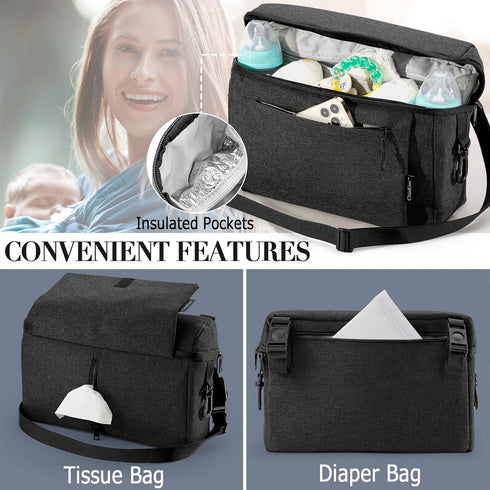 Universal Baby Stroller Organizer Large Space with Insulated Cup Holder Detachable Diaper Bag Adjustable Shoulder Strap