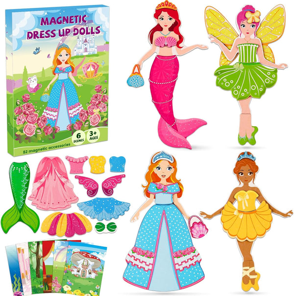 DINSUMRUG Magnetic Dress Up Dolls for Girls,Princess Mermaid Fairy Ballerina Magnet Dolls Dress