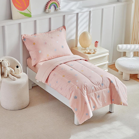 Set Girls,4 Sets,Pink Set,Includes DuShow Cotton Toddler Bedding for Piece Toddler Bed Star Pattern Kids Comforter