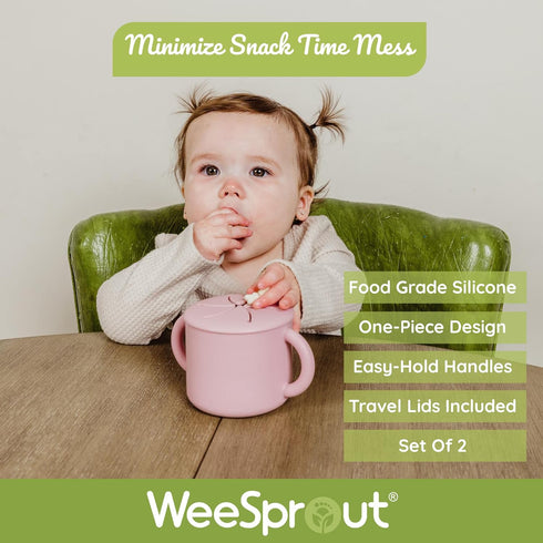 WeeSprout Snack Containers, Food Grade Silicone Cups, Spill-Proof Tops For Toddlers and Babies, Premium Hard Plastic Travel Lids, Dishwasher Safe, Set of 2 Snack Catchers by WeeSprout