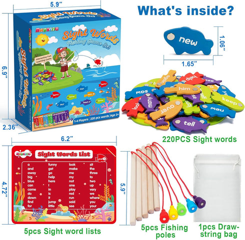 Wooden Magnetic Sight Word Fishing Game - Alphabet Puzzle for Toddlers Age 3-6 - Educational Homeschool Toy