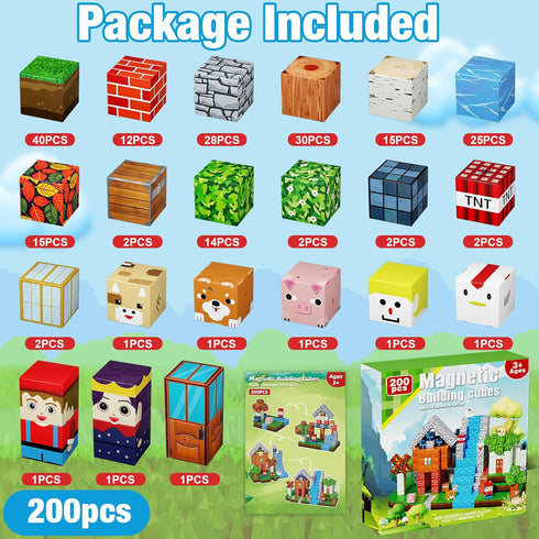 QRPQT 200PCS Set, 3 4 5 6 7 8 9 10 Magnetic Blocks, Magnetic Building Cube Toys for Kids, STEM Montessori Stacking