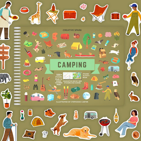 Camping Stickers & Coloring Book - 500+ Animal Stickers for Kids & 12 Coloring Pages - Fun Sticker Activity Book for