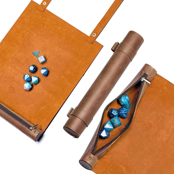 Cusdie 2 in 1 Dice Rolling Mat & Zippered Dice Holder, Compatible with DND Polyhedral Dice, Brown