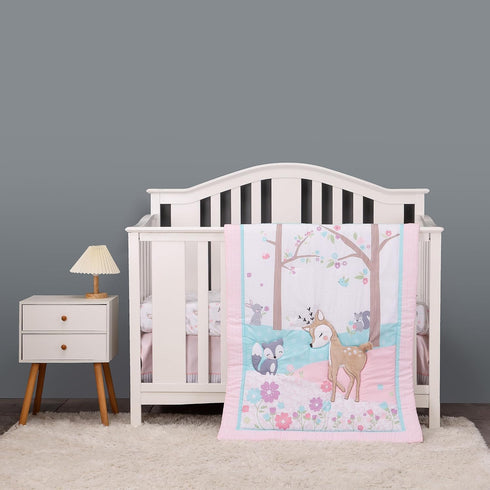 CribMATE 3 Pieces Pink Animal Nursery Crib Bedding Set for Girls Quilt/Fitted Sheet/Skirt