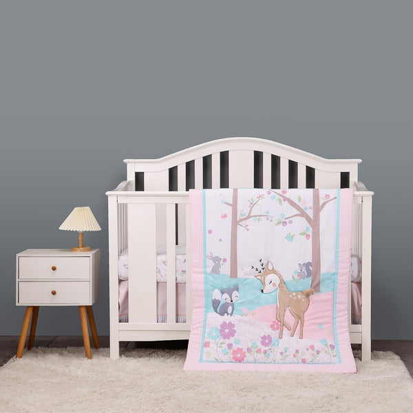 CribMATE 3 Pieces Pink Animal Nursery Crib Bedding Set for Girls Quilt/Fitted Sheet/Skirt