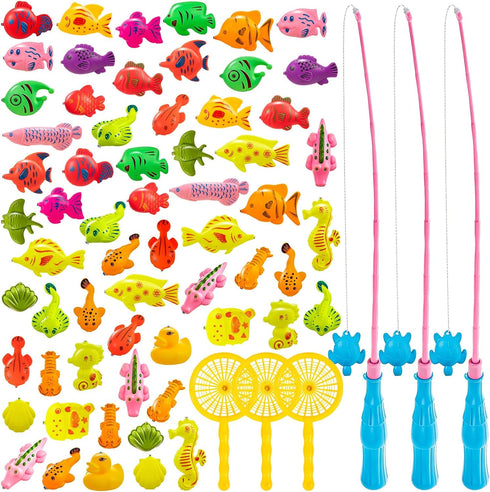 LHSYFBZ 62Pcs Magnetic Fishing Game for Kids, Bathtub Kiddie Party Toy, Plastic Floating
