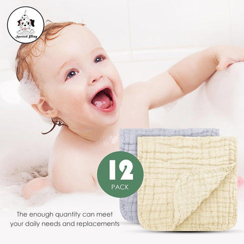 100% 20''x10'' Items(12 Pack Spotted Play Muslin Burp Cloths Cotton Large Extra Soft and Absorbent Baby Wash Cloths