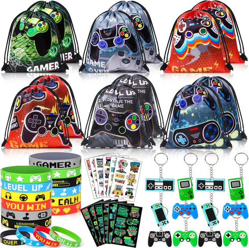Winrayk 12 Set Video Game Party Favors - Gaming Drawstring Bag, Silicone Bracelet, Glow In The Dark Tattoo