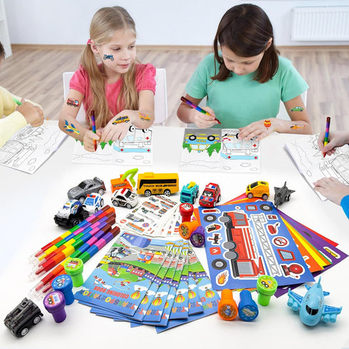72 Set, Cinrobiye Pcs Transportation Party Favors Vehicle Car Coloring Books Crayons Tattoos Stickers Stampers