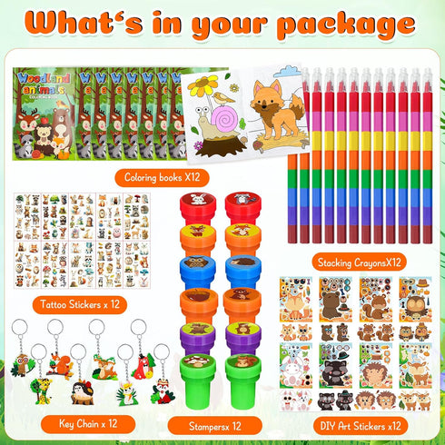 72 Cinrobiye Pcs Woodland Animals Party Favors, Forest Creatures Coloring Books Crayons Tattoos Stickers Stampers