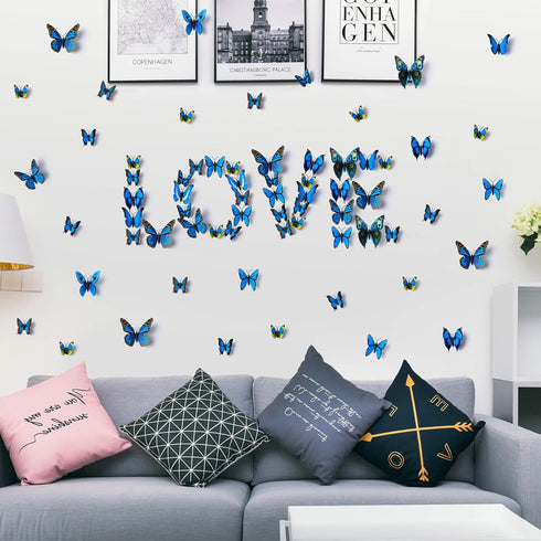 LiveGallery 72 PCS Removable 3D DIY Beautiful Butterfly Wall Decals Blue Butterflies Art Decor for Kids Bedroom