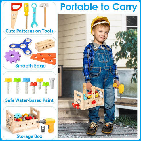 Set 39 3 4 5 6 Kids Tool with Electric Drill, Pcs Wooden Toddler Play Tool Bench Kits with Tool Box, Montessori STEM