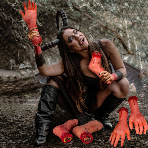 XONOR Halloween Fake Human Arm and Foot - Bloody Dead Body Parts Decorations, 4-Pieces (1 Pair Hands, 1 Pair Feet)