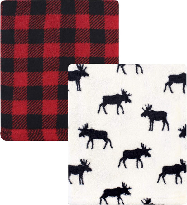 Hudson Baby Silky Plush and Coral Fleece Blanket, Buffalo Plaid Moose, 30x36 inches, Unisex