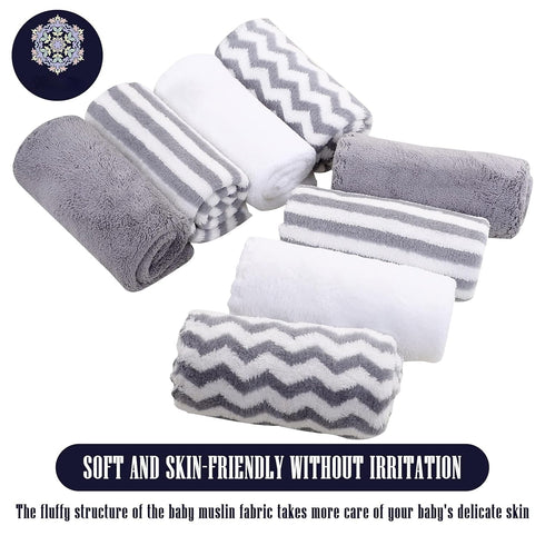 8 Pack Baby Burp Cloths, Ultra Absorbent Washcloths for Newborns, Unisex Milk Spit Up Rags, Grey and White, 16 × 12 Inch