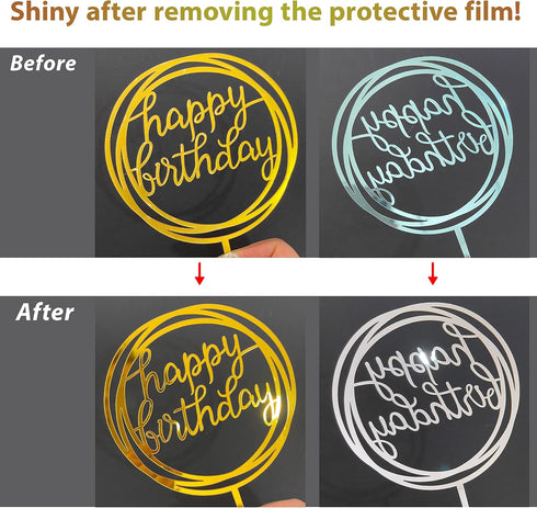 6-Pack Gold Cake Topper Set - Double-Sided Glitter Acrylic Happy Birthday Cupcake Toppers for Decorations