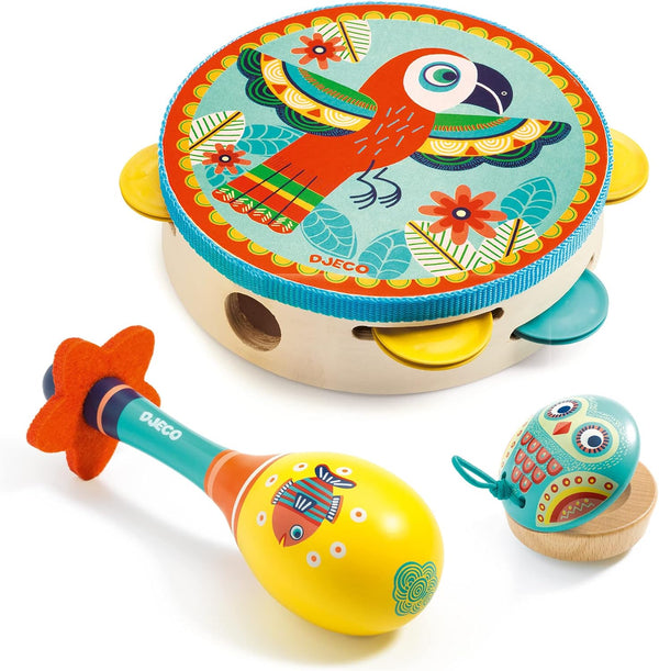 DJECO Animambo Tambourine, Maraca, Castanet Music Instrument Set - Cute Parrot, Fish
