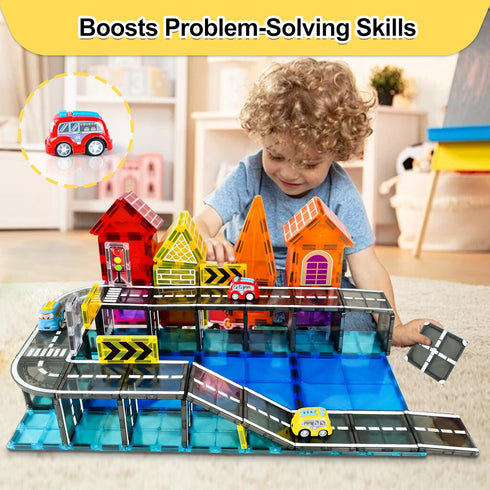 82pcs 3+Year Drofex Magnetic Tiles Road, Magnetic Building Blocks Construction Toys for Old Boys Girls, Kids Montessori