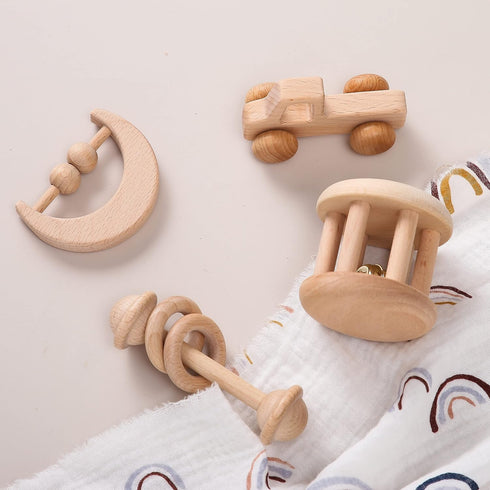 Wood Baby Rattle Personalizable Infant Rattle, Sensory Development Wooden Toys Set