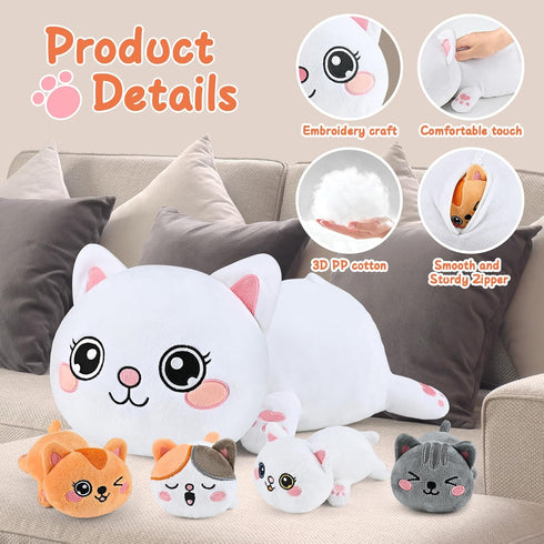 KMUYSL Cat Stuffed Animals Toy for Kids Ages 3-8, Mommy Cat with 4 Baby Kitties, Ideal Xmas Birthday Gifts