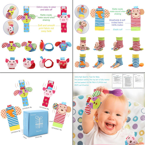 Soft Baby Rattle Toys, Foot Finder Socks & Wrists Rattles, Ankle Leg Hand Arm Bracelet Activity Rattle, 4pcs