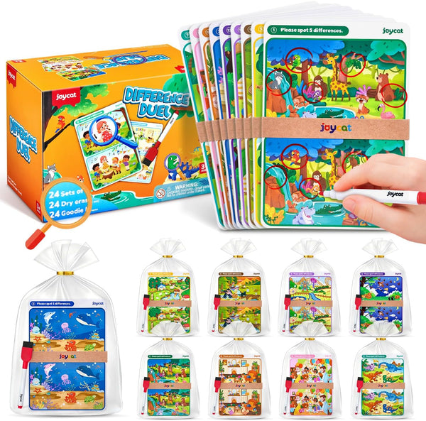 JoyCat 24 Pack Spot the Difference Game Cards for Kids, Reusable Dry