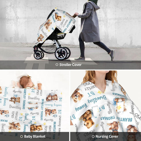 Novusopt Personalized Baby Car Seat Cover Winter Custom Minky Carseat Cover Boy Girls with Name Bear Carseat Canopy