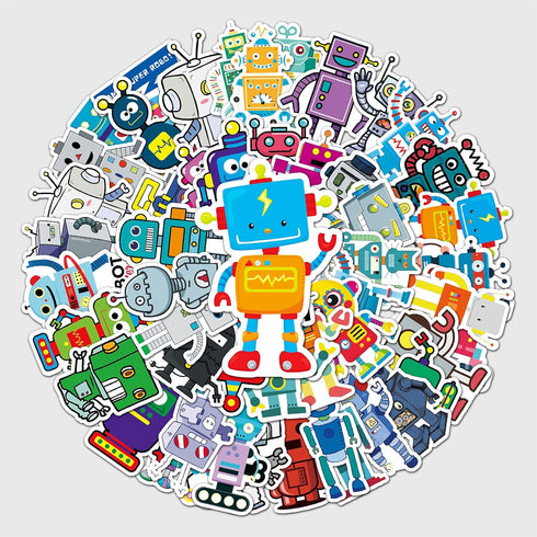 Jictegb 50 Pcs Cartoon Robot Stickers - Fun Robot Characters Designs, Premium PVC, Removable & Reusable, for Kids