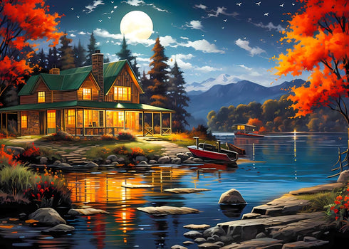 1000 Piece Puzzle for Adults - Moonlight Cabin Lake View Painting Jigsaw Puzzles, Cozy Silent Night Puzzle