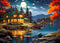 1000 Piece Puzzle for Adults - Moonlight Cabin Lake View Painting Jigsaw Puzzles, Cozy Silent Night Puzzle
