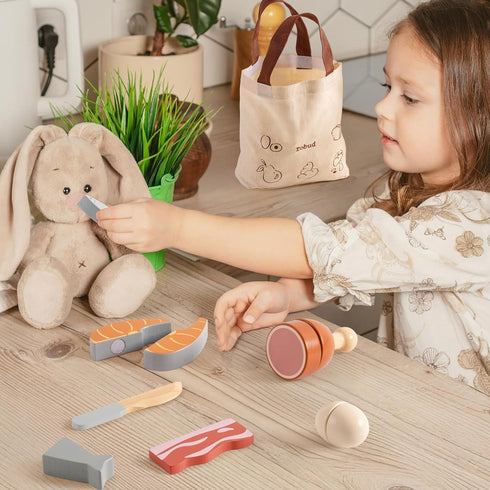 Set, 3+ Set ROBUD Wooden Play Food Cutting Toy Food for Pretend Kids Play Kitchen Accessories Toy Food with Storage