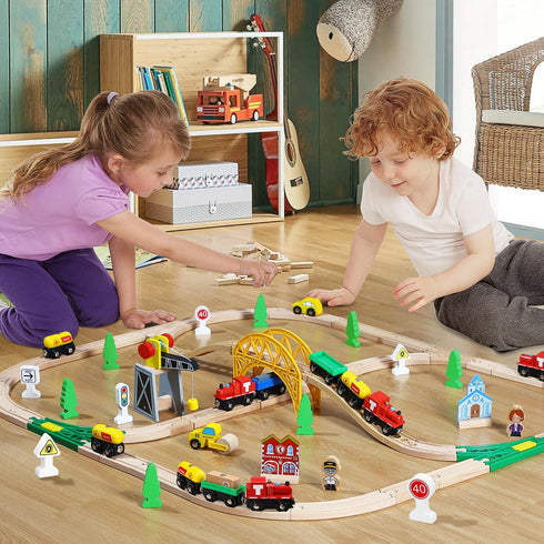TOY Life Train Set 60pcs Wooden Train Set with Crane, Tracks for Toddlers 3-5, Fits Thomas Brio Melissa