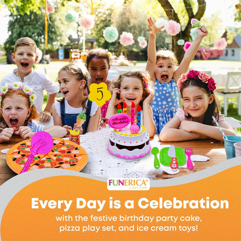 Set FUNERICA Play Food Goodies with Storage Box - Features Cutting Pizza, Ice Cream, Toy Birthday Cake, Fries, Dessert