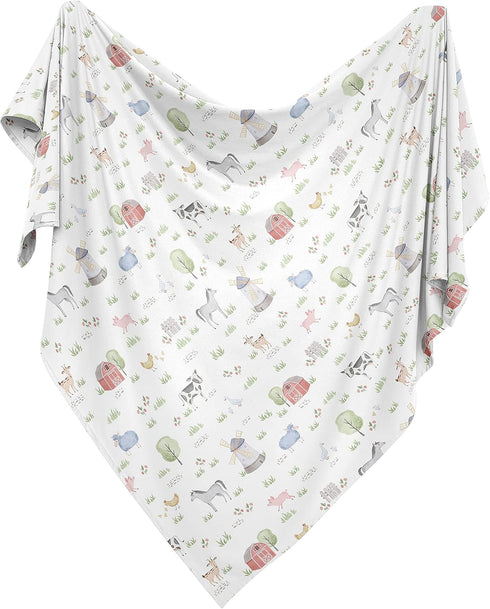 Sweet Jojo Designs Farm Animals Boy or Girl Swaddle Blanket Jersey Stretch Knit for Newborn or Infant Receiving