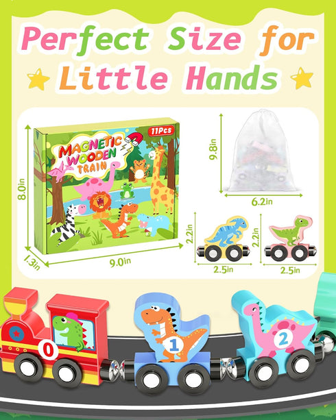 Oomloid 11 Set 1 2 3 1-3, 2-4 Pcs Magnetic Dinosaur Train Montessori Toys for Years Old Toddlers Boys Girls, Wooden