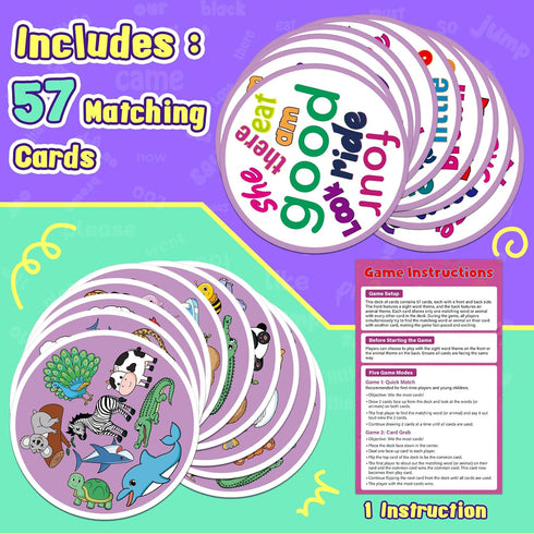 Edulok Memory Card Game, Kids Sight Word Piles Card Games, Animal Table Match Game for Toddlers, Indoor Recess Family