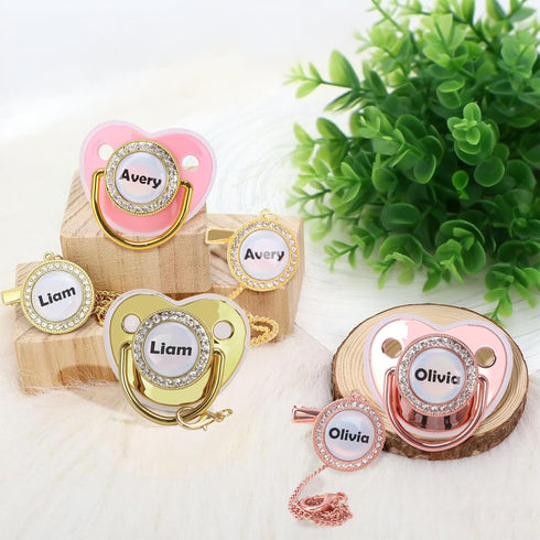 Set Dummy Custom Pacifier with Name, Bling Personalized Pacifier with Gift Box, Glitter Crystal Luxurious Soother Ideal