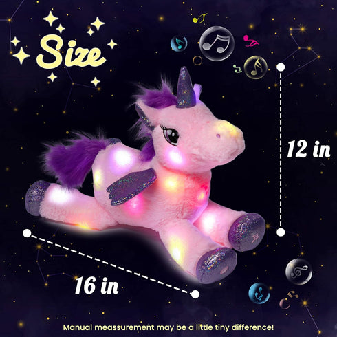 16'' Hopearl LED Musical Stuffed Unicorn Light up Singing Plush Toy Adjustable Volume Lullaby Animated Soothe Birthday
