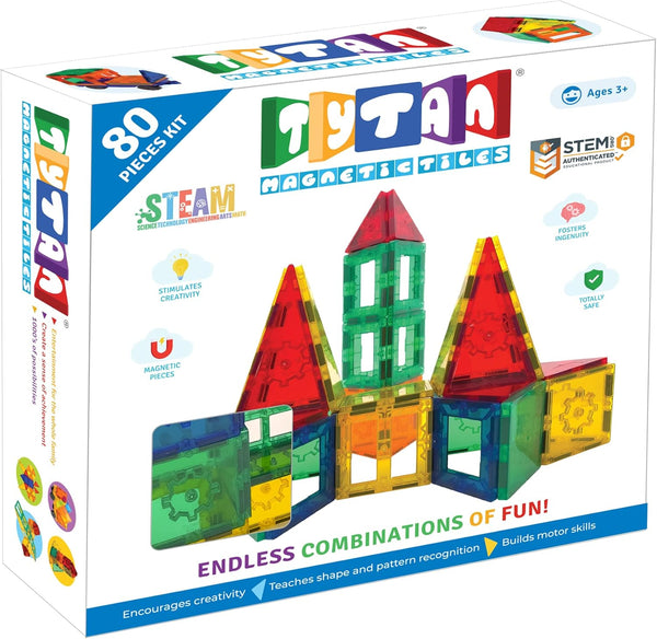 Tytan Tiles 80-Piece Magnetic Tiles Building Set - Kids’ STEM Toy for Creative Play, Includes Storage Bag