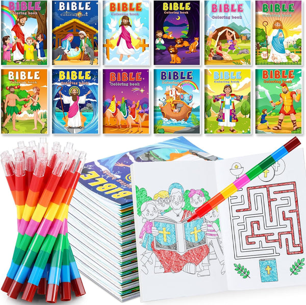 BenLouis 12 Christian Mini Coloring Books Kids with 12 Stacking Crayons Bible