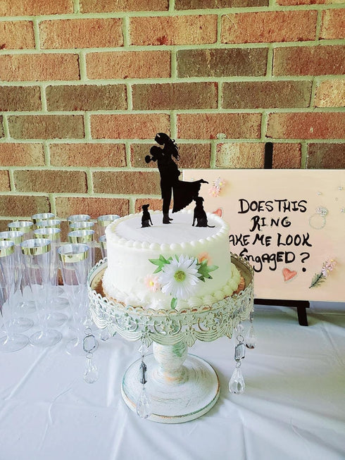 Wedding Cake Toppers, Bride and Groom with Two Pet Dogs, Black Color Acrylic Silhouette for Wedding Party Engagement