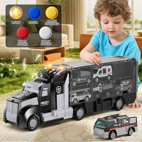 NIPLOOOW Set Set 3 4 5 6 3-4 3-9 Police Trucks Toy with Play Mat, Carrier Truck Play Vehicles for Years Old Boys Kids